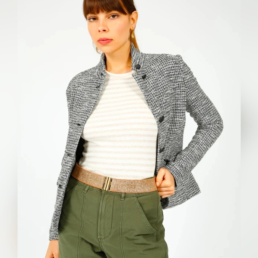 rag & bone Tweed Blazer Size 6 Navy Cream Collarless Crest Button Jacket - Picture 3 of 11